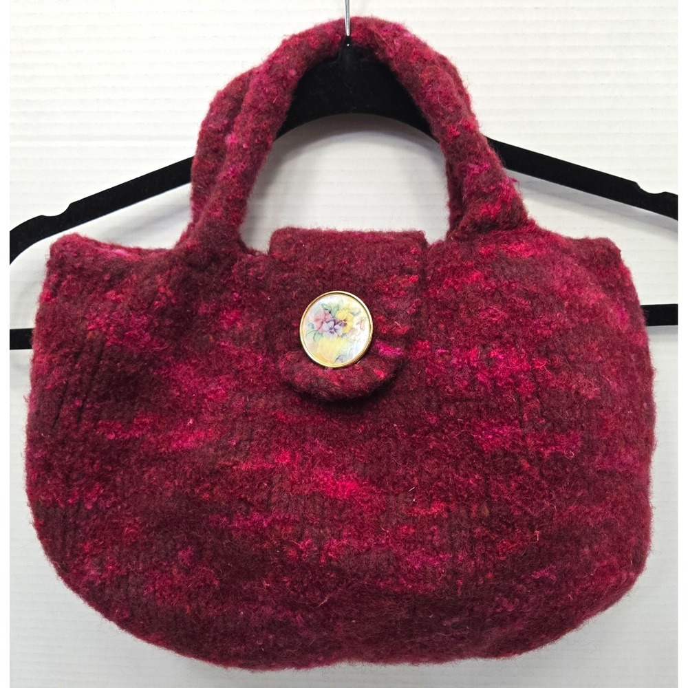 Vtg Handcrafted Felted Wool Handbag Tote Maroon Burgundy Floral Magnetic Button